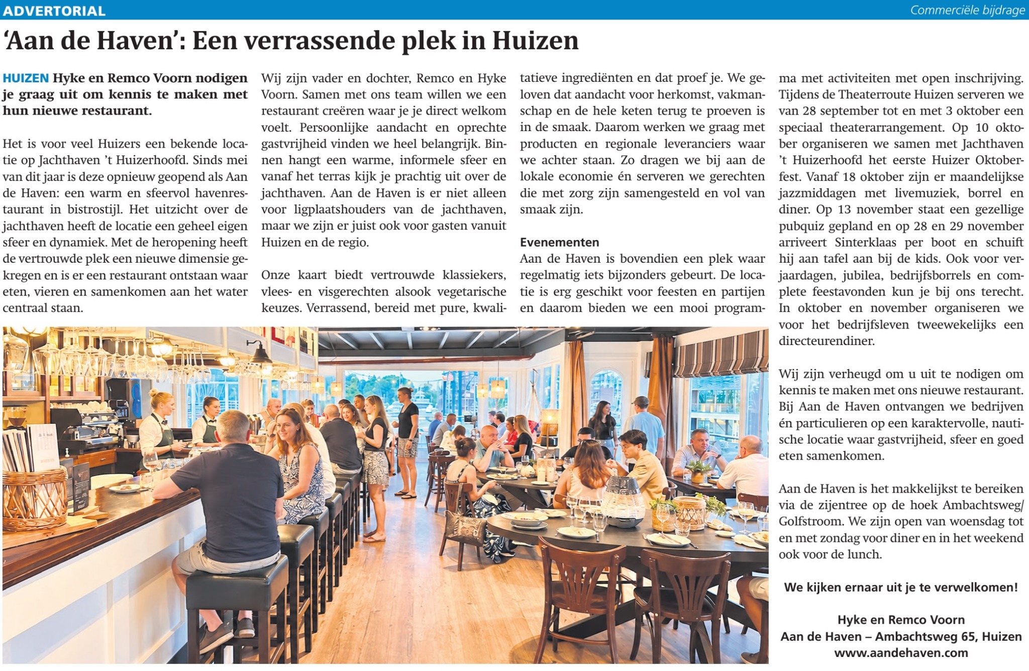 Krantenartikel Aan de Haven: een verrassende plek in Huizen, gepubliceerd in Huizer Nieuws op 10 september 2026